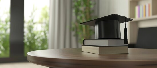 Black graduation cap and stack of books on wooden table in living room background