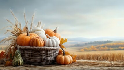 Overflowing wicker basket with colorful gourds on autumnal landscape.