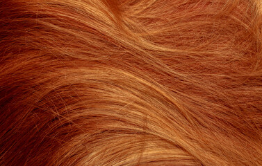 Red hair close-up as a background. Women's long orange hair. Beautifully styled wavy shiny curls. Hair coloring bright shades. Hairdressing procedures, extension.
