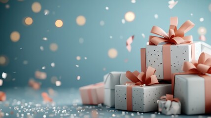 Obraz premium A joyful scene depicting a heap of gift boxes overflowing with abundance, each box adorned with a cheerful bow, conveying a sense of generosity and celebration.