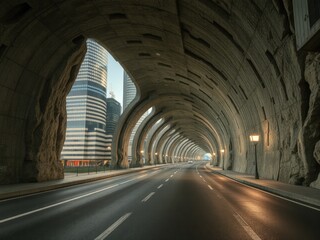 Naklejka premium Tunnel images, Modern Tunnel with Curved Archways and Ambient Lighting