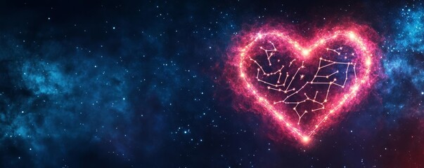Obraz premium Zodiac signs aligned in a cosmic heart shape, glowing against a dark nebula background