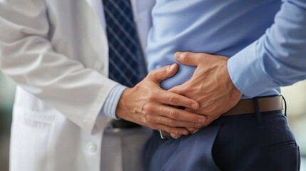 Obraz premium A doctor examines mans stomach in clinic setting, showing care and professionalism