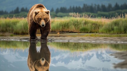 Obraz premium A large brown bear walks in a shallow stream looking for food.