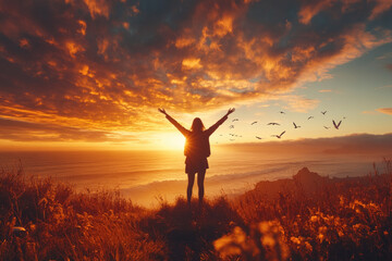  A woman with open arms stands in front of the sunrise on a hill, surrounded by wildflowers and overlooking an ocean or coastal area. Created with Ai