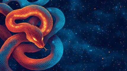 Obraz premium Zodiac signs intertwined as celestial serpents, glowing in the cosmos