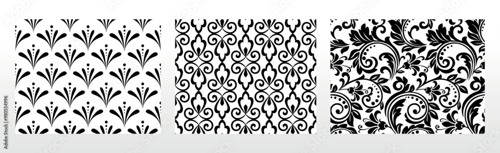 Canvas Prints Geometric floral set of seamless patterns. White and black vector backgrounds. Damask graphic ornaments.