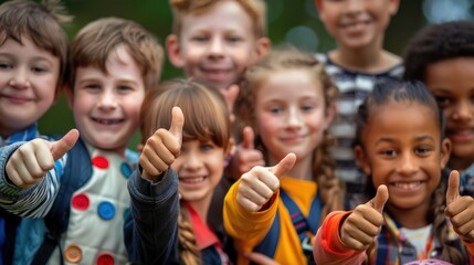 Fototapeta premium A group of cute smiling children standing together giving a thumbs up gesture of appreciation.