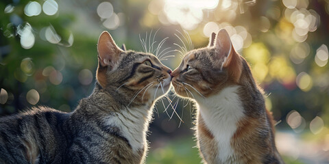 Two Cats Touching Noses in a Sunlit Garden