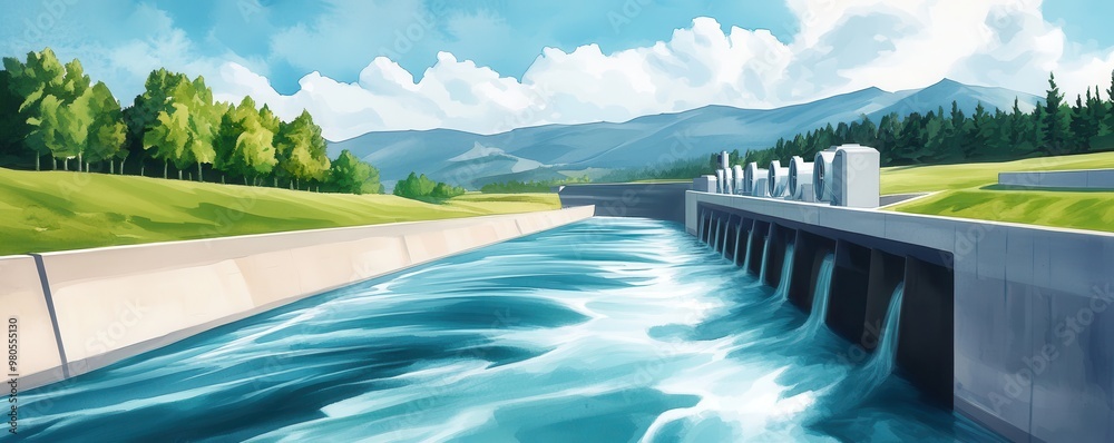 Sticker A flowing river powering hydroelectric turbines that harness energy in a carbon-neutral system