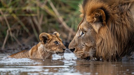 Photo of a big lion and cub happily walking in the water.