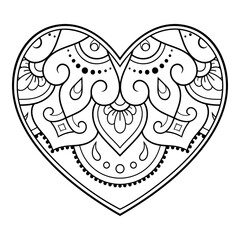 Mehndi flower pattern in form of heart for Henna drawing and tattoo. Decoration in ethnic oriental, Indian style. Valentine's day greetings. Coloring book page.