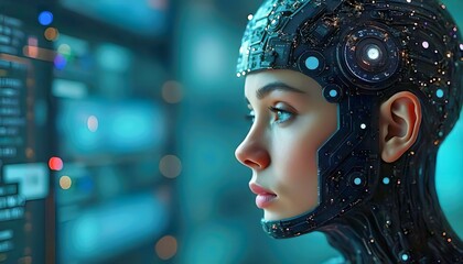 Cyborg Woman with Technology Head.