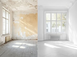 Dramatic Transformation of a Sunlit Room Showing Before and After Renovation with Rustic Aged Wall and Fresh Modern Finish, Capturing Interior Design Evolution in a Bright Space