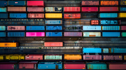 Obraz premium Railway freight station or junction, trains and wagons, top view. AI Generated