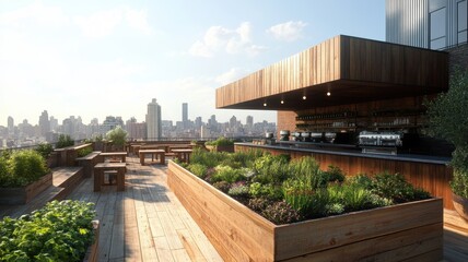 Modern rooftop garden with plants, wooden furniture, and city skyline, perfect for relaxation and urban lifestyle imagery.