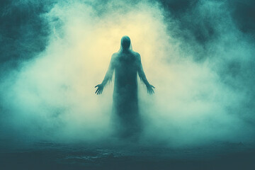 Obraz premium A green and white photograph of an unnamed woman standing in the center, arms outstretched with fog around her. Created with Ai