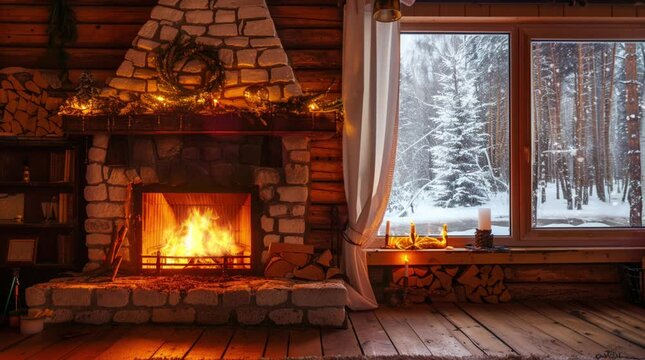 Cozy cabin room with fireplace and snowy winter landscape through the window Seamless looping 4k time-lapse virtual video animation Generated AI