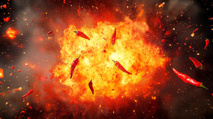 Explosion chili peppers bursting and flying outward amidst the fiery spectacle