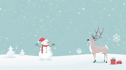 A minimalist background showcases Santa's elk and a snowman. The elk stands with grace, its antlers reaching upwards. The snowman is crafted with care, with a carrot nose and coal eyes