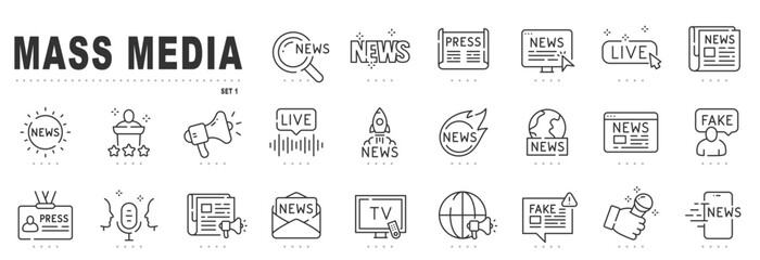 Set of mass media related line icons. News,  press, live news, tv etc. Editable stroke