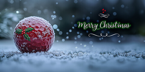 A red Christmas-themed golf ball, which looks like a snowball with holly leaves on it. Snow gently falling in the background adds to the cozy winter holiday scene 