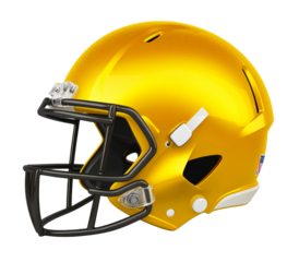 A side view of a yellow & black American football helmet with a transparent background.