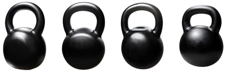 Black kettlebell with silver inlays transparent background.