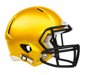 A side view of a yellow & black American football helmet with a transparent background.