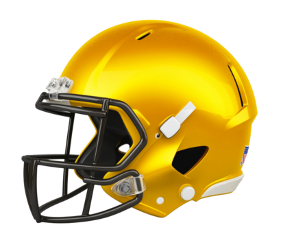 A side view of a yellow & black American football helmet with a transparent background.