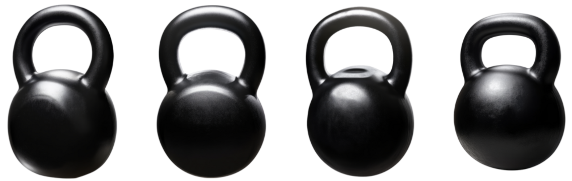 Black kettlebell with silver inlays transparent background.