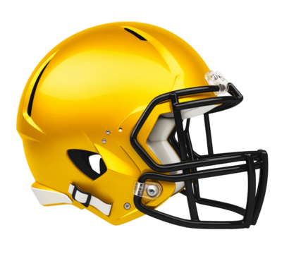 A side view of a yellow & black American football helmet with a transparent background.