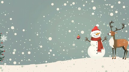 A minimalist background showcases Santa's elk and a snowman. The elk stands with grace, its antlers reaching upwards. The snowman is crafted with care, with a carrot nose and coal eyes