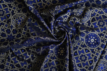 luxury brocade fabric with gold and blue pattern
