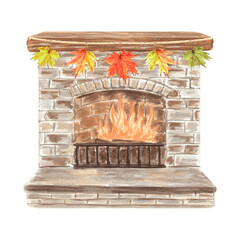 Burning fireplace decorated with garland of maple leaves. Hand drawn watercolor illustration in vintage. Cozy autumn home interior detail. Isolated template for card, Halloween, thanksgiving, printing