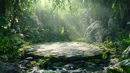 Circular stone arrangement, overgrown with moss, surrounded by vibrant jungle vegetation, sunlight piercing through, cinematic, realism, soft light, 3D rendering