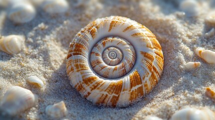 Close-up of spiral seashells forming a precise circular mandala on a sunlit beach, the textures of sand and shell highlighted in fine detail