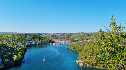 Fototapeta premium View of Skradin from the southern shore of the Krka River in Croatia