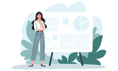 Flat vector illustration. A woman stands in a pensive pose, thinking in front of a large banner, giving a presentation. Presentation and banner for a web site. Vector illustration