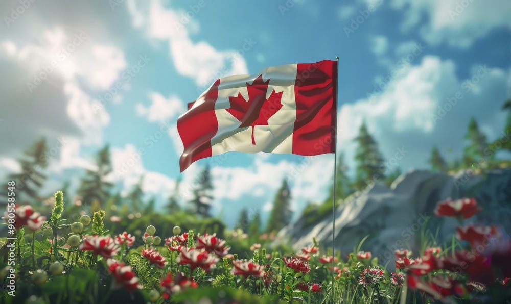 Wall mural canadian flag on beautiful nature background, travel concept