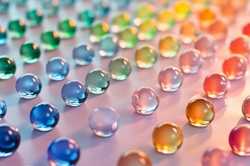 A smooth, minimalist surface with hundreds of identical glass marbles, each reflecting the ambient light and space in various hues