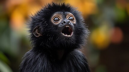 Fototapeta premium A young spider monkey with its mouth open, looking up with wide eyes.