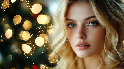 closeup portrait young beautiful woman on christmas party