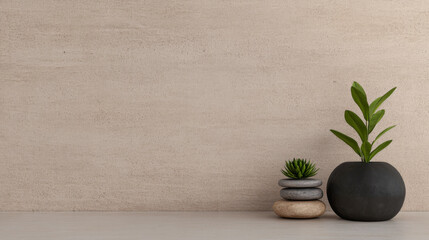 Modern minimalistic decor with succulents and stones on a neutral background in a stylish interior setting