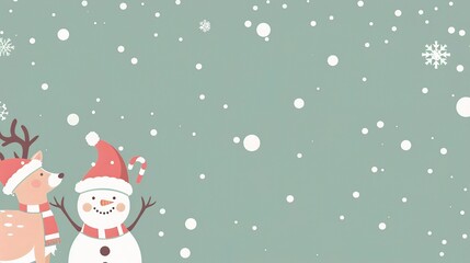A minimalist background showcases Santa's elk and a snowman. The elk stands with grace, its antlers reaching upwards. The snowman is crafted with care, with a carrot nose and coal eyes