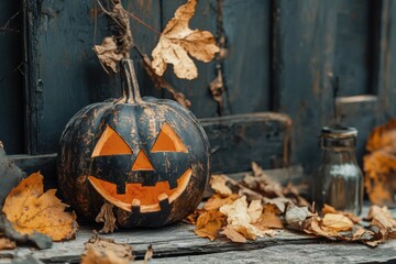 Autumn postcard design. pumpkins, leaves. Free copy space