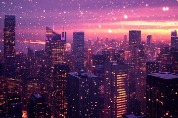 A stunning winter cityscape at twilight. Glittering skyscrapers rise under a purple sky. Snowflakes dance in the air. This is a breathtaking urban scene. Generative AI