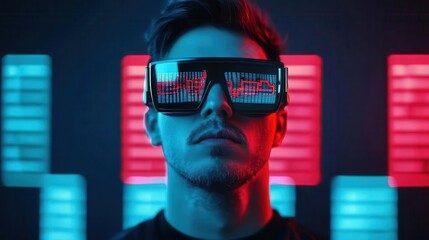 Investor using augmented reality glasses to visualize global portfolio performance, AR finance, investment strategy