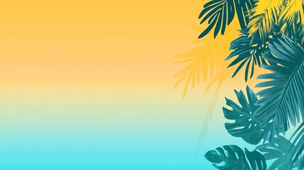 Vibrant tropical background with lush leaves against a soft gradient of yellow and blue, perfect for summer themes.
