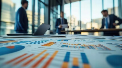 Supply chain managers brainstorming in a modern office, printed charts and graphs covering the table